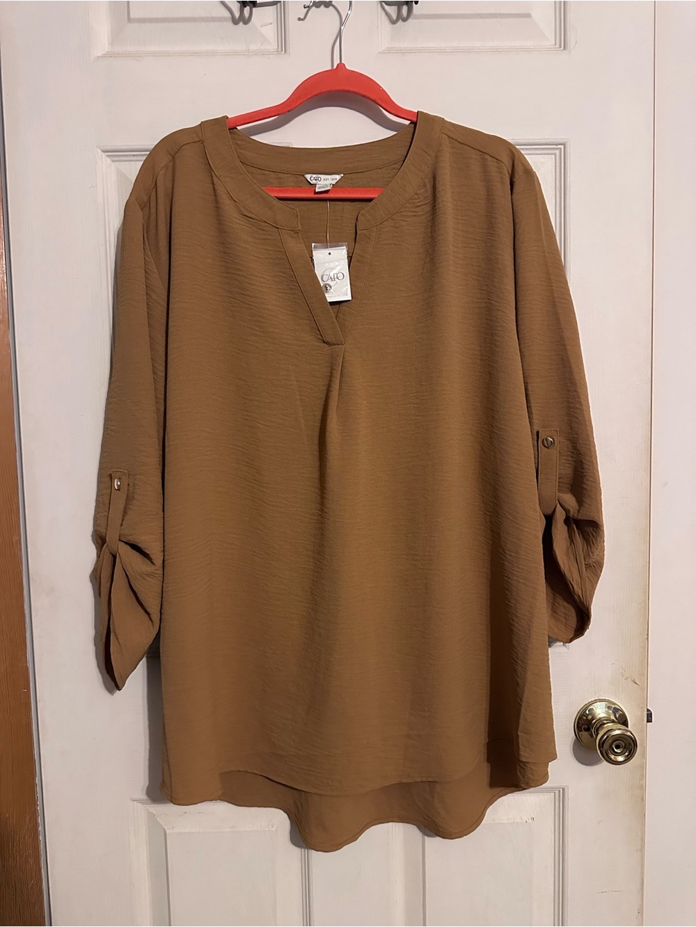 CATO tan Textured Roll-Sleeve Tunic Top